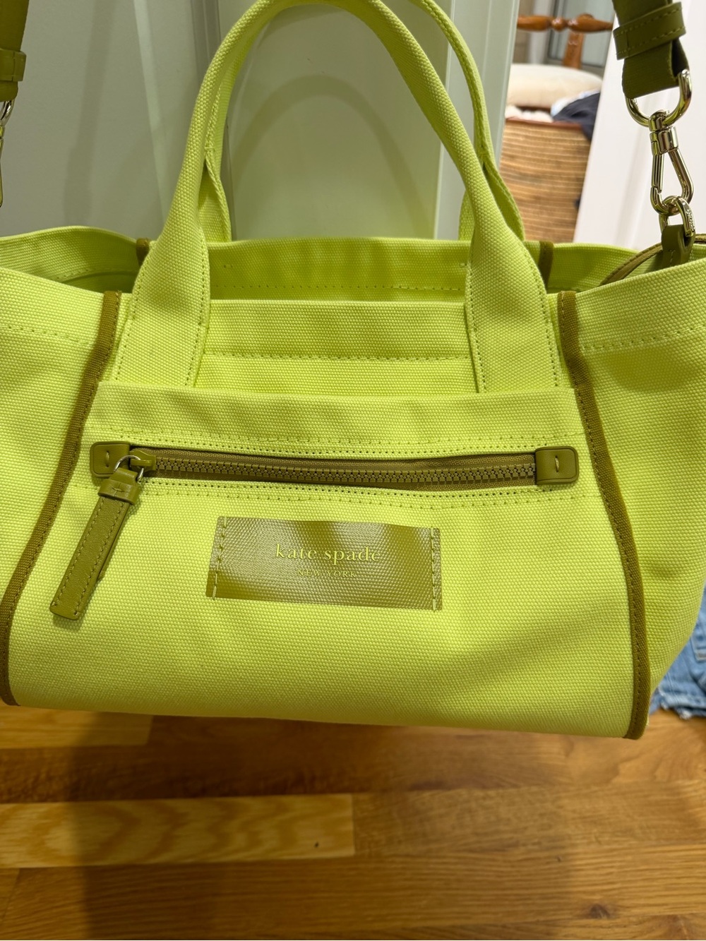 kate spade green/lemon yellow canvas tote with front zip pocket